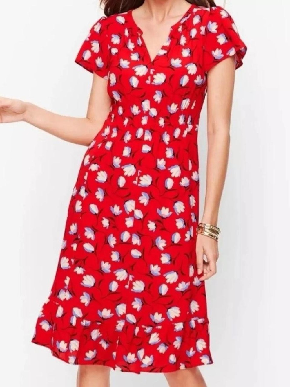 Talbots Red Floral Dress with White & Blue Blossoms Size 14